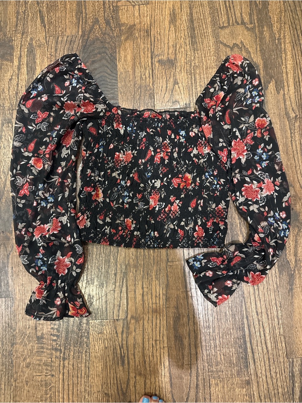 miami Black Floral Smocked Puff Sleeve Crop Top with Red Blossoms